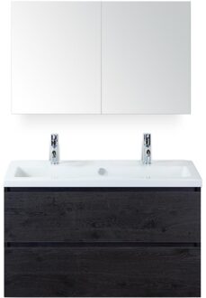 Vogue Badmeubelset 100 cm - Greeplijst in Kleur - Black Oak - Keramische Wastafel Wit 2 Kraangaten met Spiegelkast