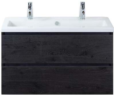 Vogue Badmeubelset 100 cm - Greeplijst in Kleur - Black Oak - Keramische Wastafel Wit 2 Kraangaten