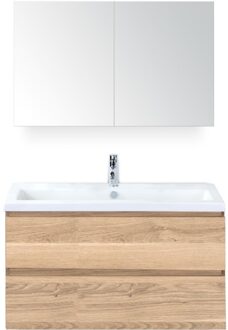 Vogue Badmeubelset 100 cm - Greeplijst in Kleur - Grey Oak - Keramische Wastafel Wit 1 Kraangat met Spiegelkast