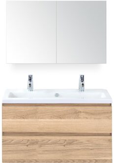 Vogue Badmeubelset 100 cm - Greeplijst in Kleur - Grey Oak - Keramische Wastafel Wit 2 Kraangaten met Spiegelkast