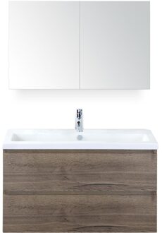 Vogue Badmeubelset 100 cm - Greeplijst in Kleur - Tabacco - Keramische Wastafel Wit 1 Kraangat met Spiegelkast