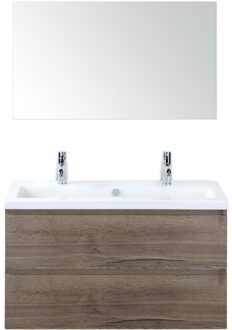 Vogue Badmeubelset 100 cm - Greeplijst in Kleur - Tabacco - Keramische Wastafel Wit 2 Kraangaten met Spiegel