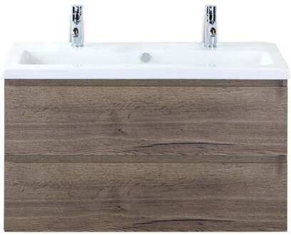 Vogue Badmeubelset 100 cm - Greeplijst in Kleur - Tabacco - Keramische Wastafel Wit 2 Kraangaten