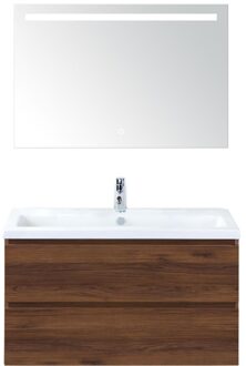 Vogue Badmeubelset 100 cm - Greeplijst in Kleur - Walnoot - Keramische Wastafel Wit 1 Kraangat met Sence Spiegel