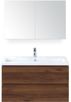 Vogue Badmeubelset 100 cm - Greeplijst in Kleur - Walnoot - Keramische Wastafel Wit 1 Kraangat met Spiegelkast
