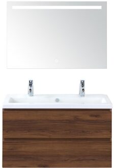 Vogue Badmeubelset 100 cm - Greeplijst in Kleur - Walnoot - Keramische Wastafel Wit 2 Kraangaten met Sence Spiegel