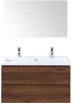 Vogue Badmeubelset 100 cm - Greeplijst in Kleur - Walnoot - Keramische Wastafel Wit 2 Kraangaten met Spiegel