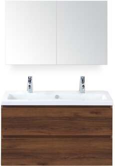 Vogue Badmeubelset 100 cm - Greeplijst in Kleur - Walnoot - Keramische Wastafel Wit 2 Kraangaten met Spiegelkast