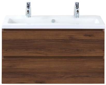 Vogue Badmeubelset 100 cm - Greeplijst in Kleur - Walnoot - Keramische Wastafel Wit 2 Kraangaten