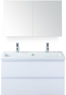 Vogue Badmeubelset 100 cm - Greeplijst in Kleur - Wit Hoogglans - Keramische Wastafel Wit 2 Kraangaten met Spiegelkast