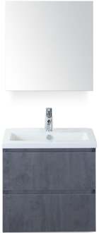 Vogue Badmeubelset 60 cm - Greeplijst in Kleur - Beton Antra - Keramische Wastafel Wit 1 Kraangat met Spiegelkast
