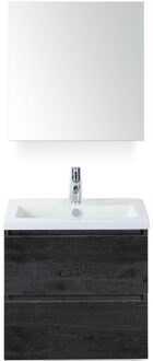 Vogue Badmeubelset 60 cm - Greeplijst in Kleur - Black Oak - Keramische Wastafel Wit 1 Kraangat met Spiegelkast