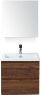 Vogue Badmeubelset 60 cm - Greeplijst in Kleur - Walnoot - Keramische Wastafel Wit 1 Kraangat met Spiegelkast