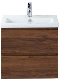 Vogue Badmeubelset 60 cm - Greeplijst in Kleur - Walnoot - Keramische Wastafel Wit 1 Kraangat