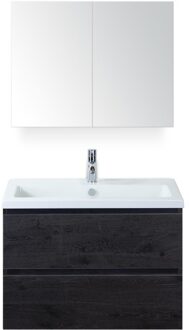 Vogue Badmeubelset 80 cm - Greeplijst in Kleur - Black Oak - Keramische Wastafel Wit 1 Kraangat met Spiegelkast