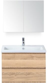 Vogue Badmeubelset 80 cm - Greeplijst in Kleur - Grey Oak - Keramische Wastafel Wit 1 Kraangat met Spiegelkast