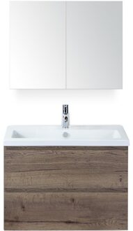Vogue Badmeubelset 80 cm - Greeplijst in Kleur - Tabacco - Keramische Wastafel Wit 1 Kraangat met Spiegelkast