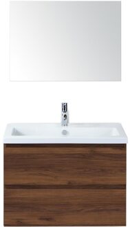 Vogue Badmeubelset 80 cm - Greeplijst in Kleur - Walnoot - Keramische Wastafel Wit 1 Kraangat met Spiegel
