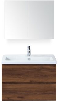 Vogue Badmeubelset 80 cm - Greeplijst in Kleur - Walnoot - Keramische Wastafel Wit 1 Kraangat met Spiegelkast