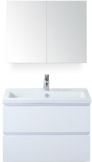 Vogue Badmeubelset 80 cm - Greeplijst in Kleur - Wit Hoogglans - Keramische Wastafel Wit 1 Kraangat met Spiegelkast