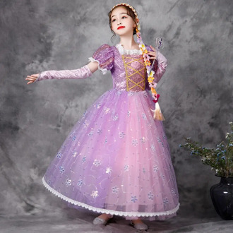 VOGUEON Girls Tangled Princess Dress Sequined Puff Sleeve Vestido Infantil Rapunzel Fancy Costume For Kids Party Cosplay Clothes