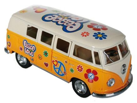 Volkswagen VW model T1 auto busje - hippie style - geel - 12 cm - terugtrek motor
