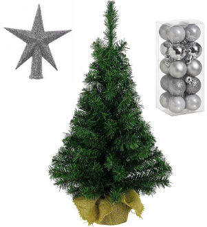 Volle kunst kerstboom 35 cm in jute zak inclusief zilveren versiering 21-delig