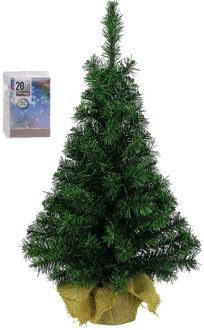 Volle kunst kerstboom 45 cm in jute zak inclusief 20 gekleurde lampjes