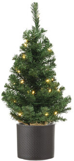 Volle mini kerstboom groen in jute zak met verlichting 60 cm en donkergrijze pot