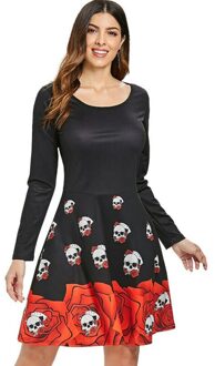 Volwassen Lente Herfst Halloween Dress Kostuum Voor Vrouwen Kerst Mode Schedel Rose 3D Print Lange Mouw Jurk Vrouwelijke Dames 2XL