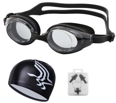 Volwassenen Zwemmen Bril Recept Zwemmen Bril Kinderen Zwembril Masker Met Badmuts Oordoppen zwart