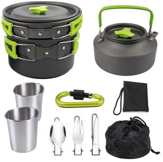 Voor Camping Kookgerei Kit Camping Apparatuur Outdoor Ultralichte Aluminium Kok Fornuis Kit Kokende Pot Outdoor Camping Gereedschap groen