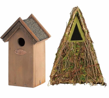 Voordeelset van 2x stuks houten vogelhuisjes/nestkastjes groen en houtkleur - Vogelhuisjes Multikleur