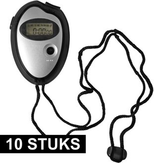 Voordelige digitale sport stopwatch - 10x - zwart/metallic zilver - 7.5 cm - met nekkoord - kunststo