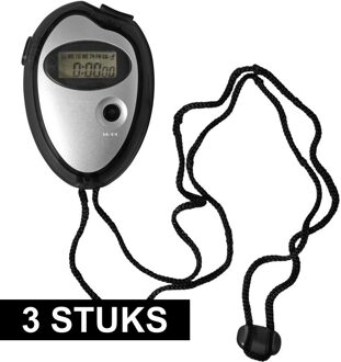 Voordelige digitale sport stopwatch - 3x - zwart/metallic zilver - 7.5 cm - met nekkoord - kunststof