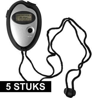 Voordelige digitale sport stopwatch - 5x - zwart/metallic zilver - 7.5 cm - met nekkoord - kunststof