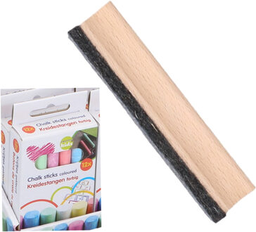 Voordelige krijtbord wisser 12 cm van hout - Met 12x gekleurde krijtjes - schoolbord beschrijven