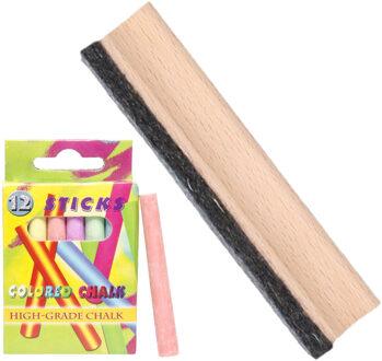Voordelige krijtbord wisser 12 cm van hout - Met 12x gekleurde krijtjes - schoolbord beschrijven