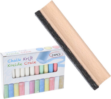 Voordelige krijtbord wisser 12 cm van hout - Met 24x gekleurde krijtjes - schoolbord beschrijven