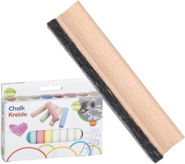 Voordelige krijtbord wisser 12 cm van hout - Met 24x gekleurde krijtjes - schoolbord beschrijven