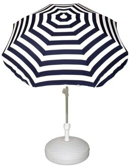 Voordelige set: blauw/wit gestreepte parasol en rotan kunststof parasolvoet wit - diameter parasol 180 cm