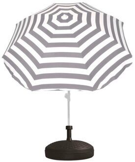 Voordelige set grijs/wit gestreepte parasol en parasolvoet zwart