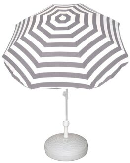 Voordelige set: grijs/wit gestreepte parasol en rotan kunststof parasolvoet wit - diameter parasol 180 cm