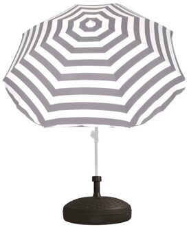 Voordelige set: grijs/wit gestreepte parasol en rotan  kunststof parasolvoet zwart - diameter parasol 180 cm