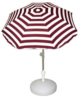 Voordelige set: rood/wit gestreepte parasol en rotan kunststof parasolvoet wit - diameter parasol 180 cm