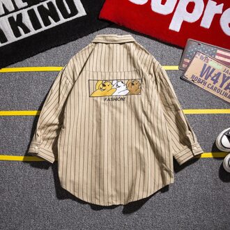 Voorjaar Casual Shirt Mannen Mode Cartoon Print Gestreepte Shirt Man Streetwear Wilde Losse Zeven punt Mouw Mannelijke kleding abrikoos / 4XL