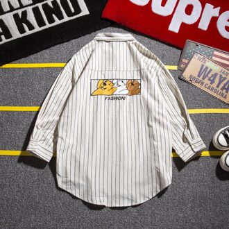 Voorjaar Casual Shirt Mannen Mode Cartoon Print Gestreepte Shirt Man Streetwear Wilde Losse Zeven punt Mouw Mannelijke kleding wit / XXL