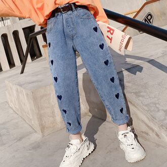 Voorjaar Meisjes Broek Blue Jeans Geborduurde Liefde Hart Katoen Denim Broek Zonder Riem Casual Lange Broek Kind Jeans 8-9 Years Size 140