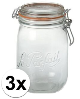 Voorraad/weckpot - 3x stuks - transparant - glas - 14,5 x 8,5 cm - 750 ml - Le Parfait