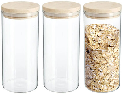 Voorraadbus - 3x stuks - voorraadpot - 1300 ml - glas met houten deksel